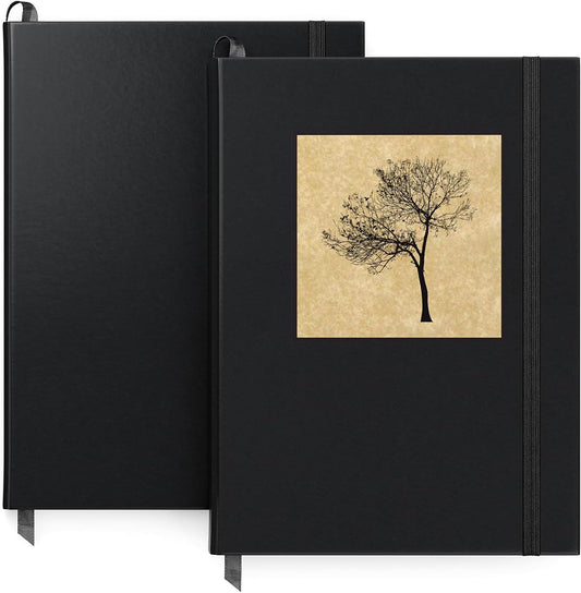 Journal Blank Page Notebooks, Set of 2, 6 X 8 Inches, 96 Sheets Each, Tree Design and Solid Black, 2 Blank Art Journals with Smooth Paper, School Supplies for Planning, Writing, and Sketching